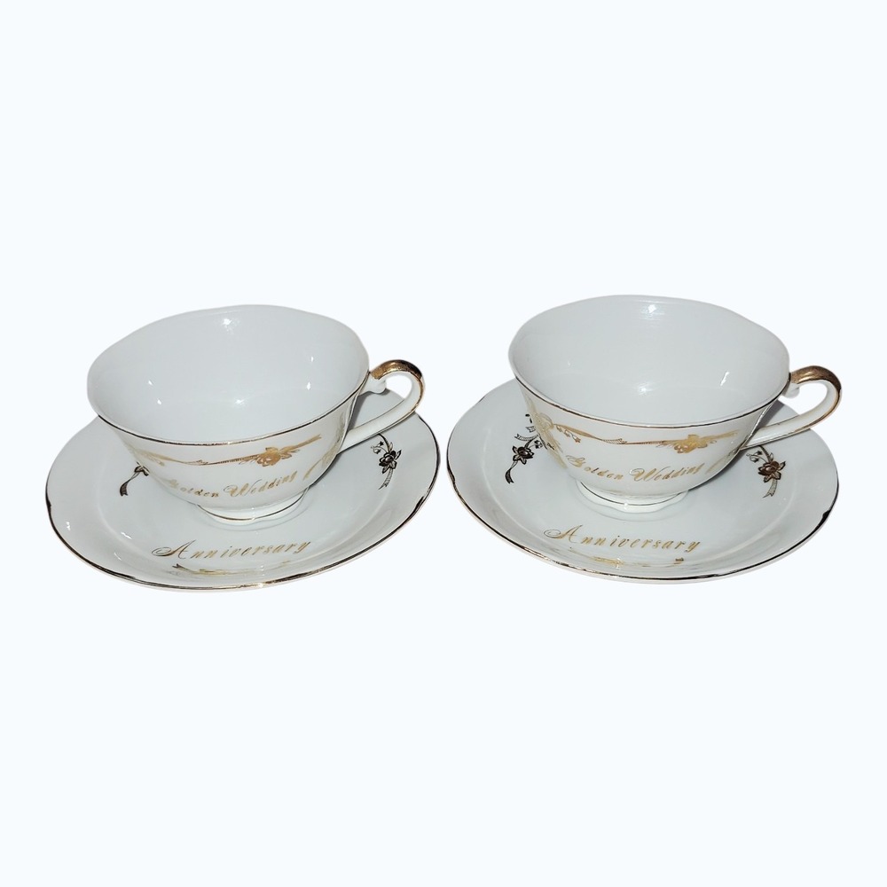 Vintage Lefton China 04182 Golden Wedding Anniversary Teacups Saucers Set of 2